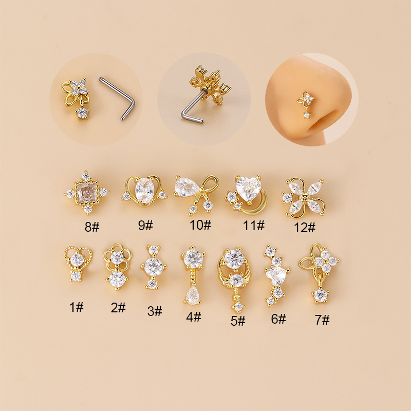 Body Jewelry Ear - 20G L字型キュービックジルコニアノーズスタッド、サージカル316Lステンレス鋼製ノーズリップ耳ピアスジュエリー、女性女の子向けトレンド