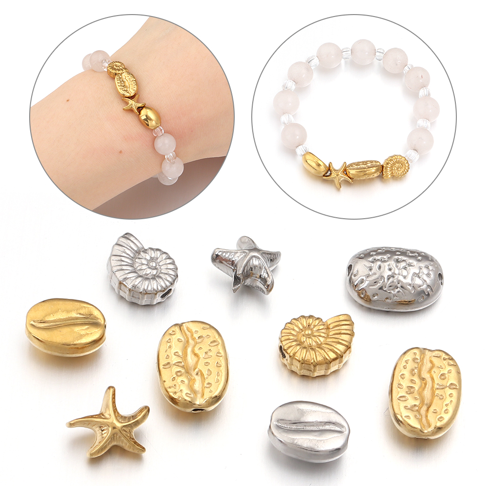 Body Jewelry Beach - 5個入りヒトデ貝殻コンクステンレス鋼ビーズカタツムリスパイラル海洋動物チャームビーズDIYジュエリー製作ブレスレットネックレス