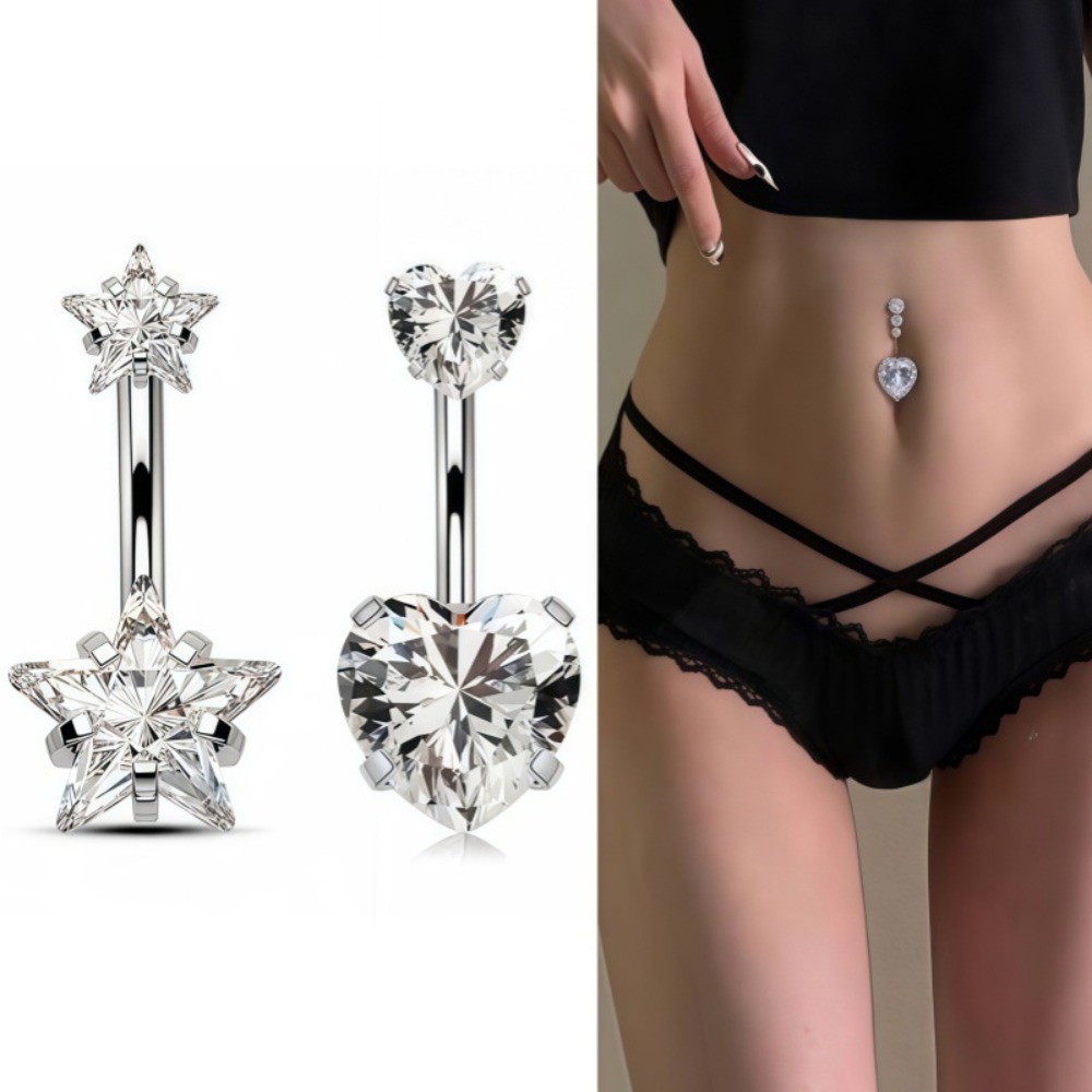 Body Jewelry Belly Button Rings - ハートラウンドダブルヘッドジルコンステンレス鋼へそピアス女性用ベリーリングビーチビキニへそピアスボディジュエリー