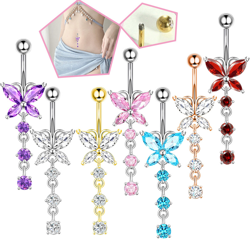 Body Jewelry Belly Button Rings - 14GAゴールデンバタフライと揺れる花の316Lステンレス鋼製へそピアスジュエリー