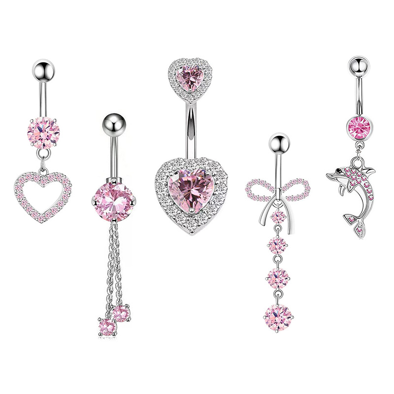 Body Jewelry Belly Button Rings - 1 個ピンククラウンへそリングジュエリーステンレス鋼ハートへそピアスバーベルクリスタルかわいいへそリング女性女の子のための