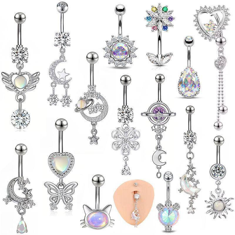 Body Jewelry Belly Button Rings - カラフルなY2Kステンレススチールジルコン惑星月蝶ベリーリングキュートな蝶ボディピアスジュエリーへそピアス