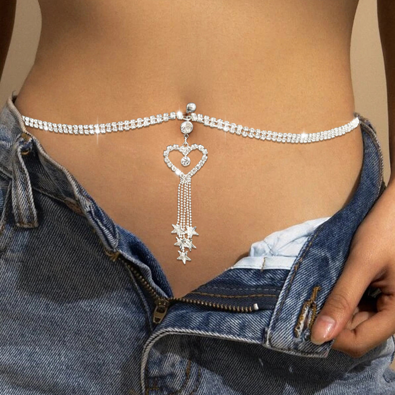 Body Jewelry Belly Button Rings - GLAMing 自由奔放に生きるハートブラブララインストーンピアスへそチェーンへそリングウエストチェーン付き女性へそピアスボディジュエリー