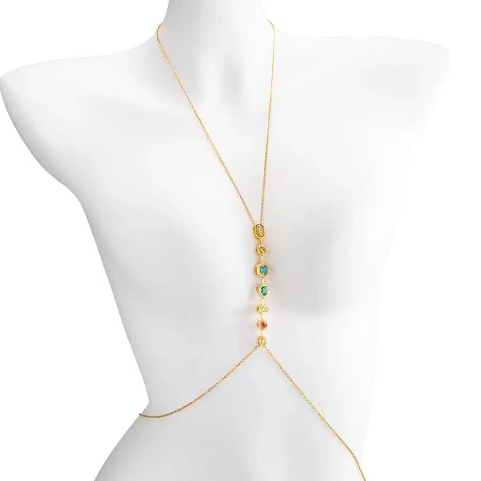 Body Jewelry Waterproof - PuRui 絶妙なカラフルなジルコンステンレス鋼胸チェーンウエストチェーン女性夏セクシーなビキニ防水ボディジュエリー