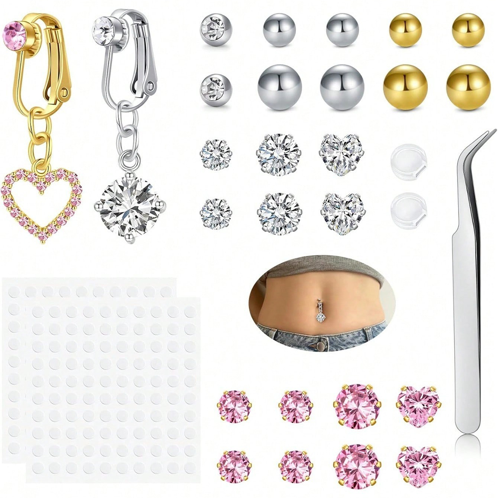 Body Jewelry Belly Button Rings - ゴールドフェイクベリーピアス キュービックバタフライ クリップ式ベリーボタンリング 貼り付け式へそピアス スタッドノンピアス フェイクピアスジュエリー