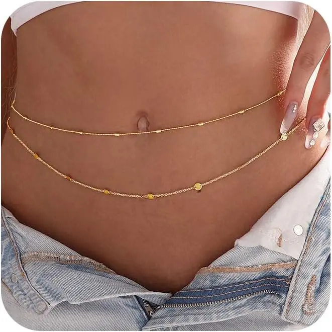 Body Jewelry Waterproof - 女性用防水ボディチェーン 18K金メッキ ウエストビーズチェーン ゴールドベリーベルト ボディチェーン 調節可能