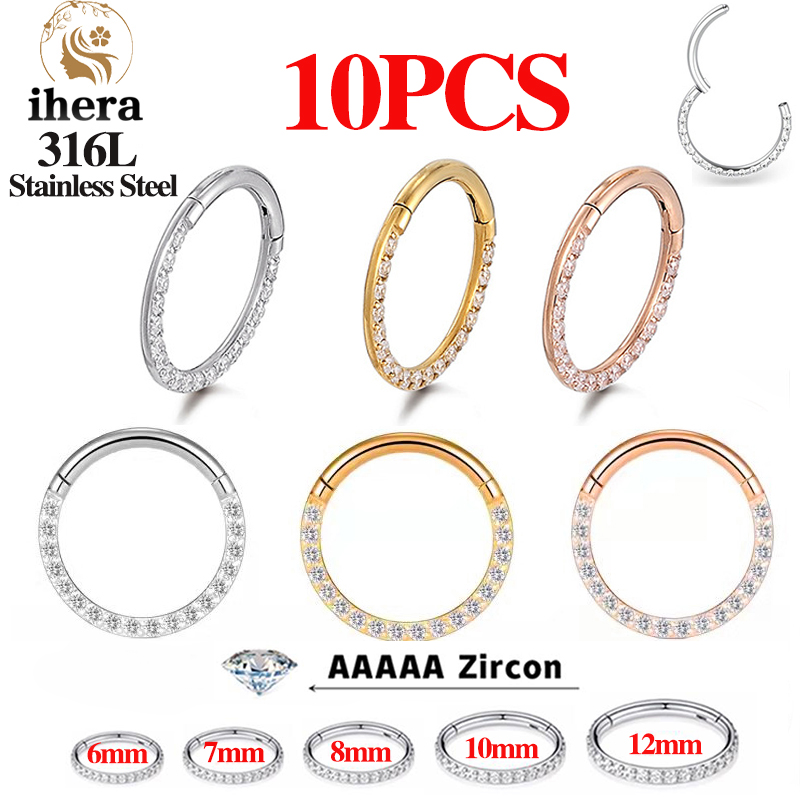 Body Jewelry Ear - 1/10個入り ステンレス製ノーズリング セプタムクリッカー CZジルコン ヒンジ付きセグメント ラウンドイヤリング