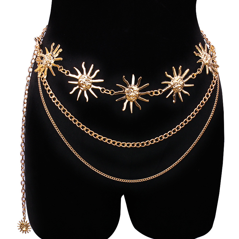 Body Jewelry Beach - チャンキーな多層パンクゴシックムーンサンウエストチェーンメタルウエストベルト、女性用ドレスジュエリーボディチェーンジュエリー
