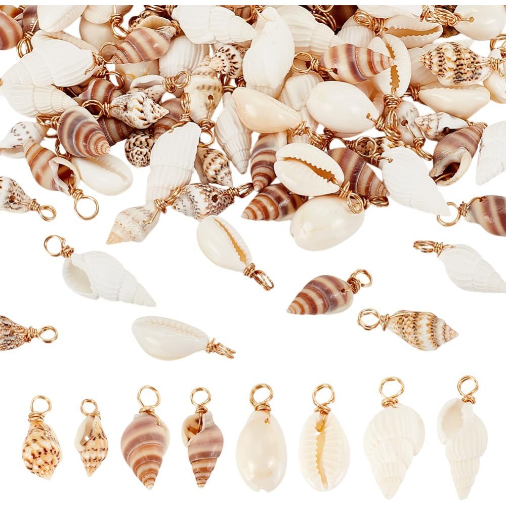 Body Jewelry Beach - 100 個 4 スタイルナチュラルシェルチャームペンダント貝殻リンクネックレスブレスレットジュエリーメイキング巻貝コネクタキット