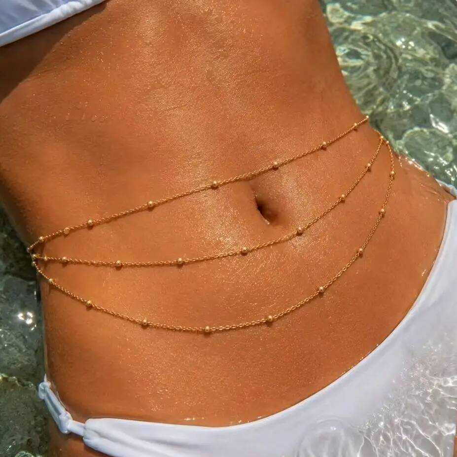 Body Jewelry Waterproof - IngeSight.Z ファッションボヘミアンセクシーな多層ビーズベリーウエストチェーン女性 18K ゴールドメッキステンレス鋼防水ボディジュエリー