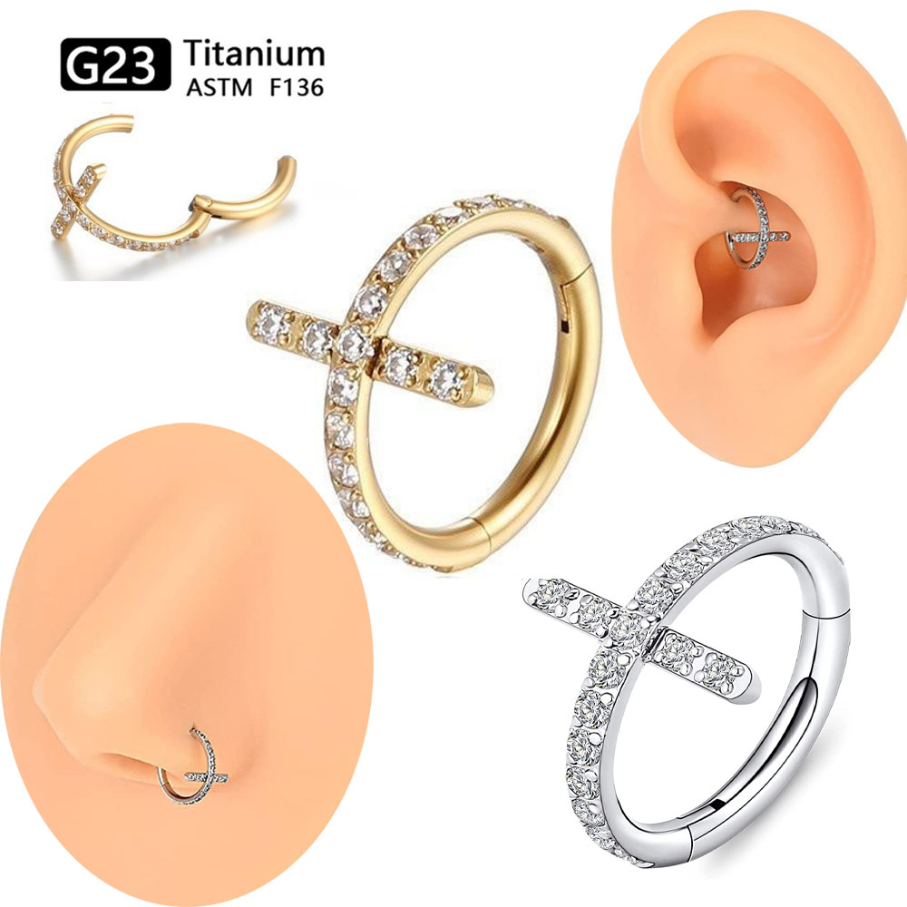 Body Jewelry - F136チタン製ノーズリング CZクロスヘリックスジュエリー G23チタン製軟骨ピアス ファッションボディピアスジュエリー