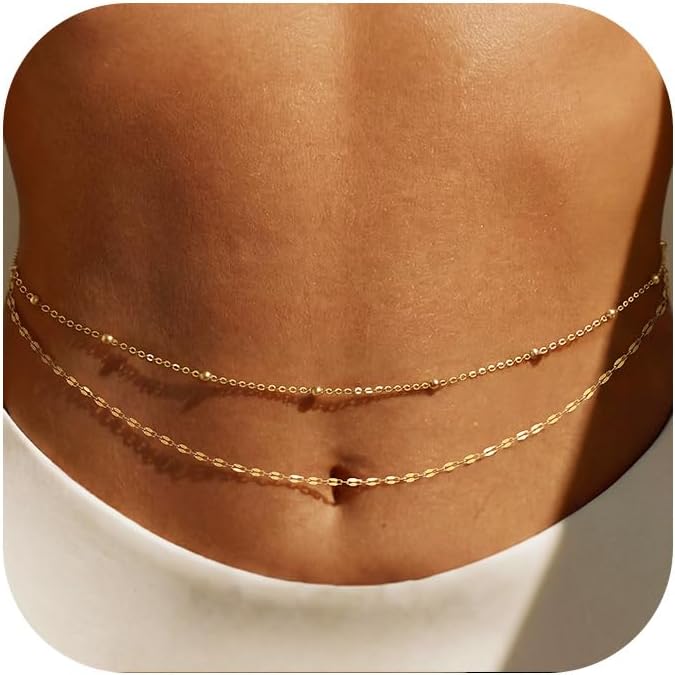 Body Jewelry Beach - 14K金メッキウエストチェーン、女性用レイヤードウエストビーズ、ベリーボディゴールドチェーンベルト、防水サマービーチジュエリー（ビキニ用）