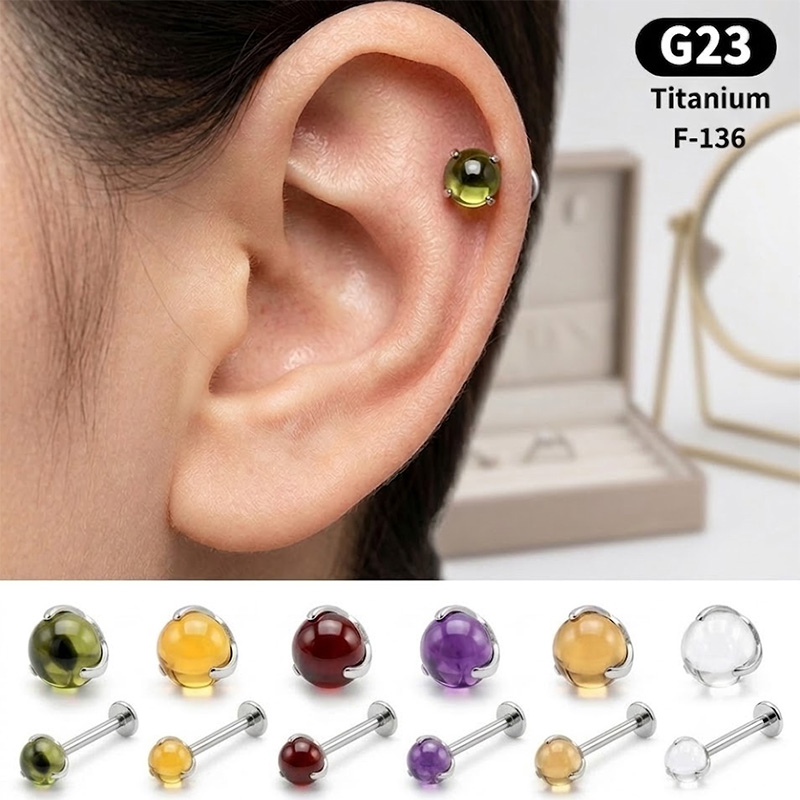 G23 カラフルな丸型イヤリング 磨かれたカボションストーン - Body Jewelry Quality のレビューと価格