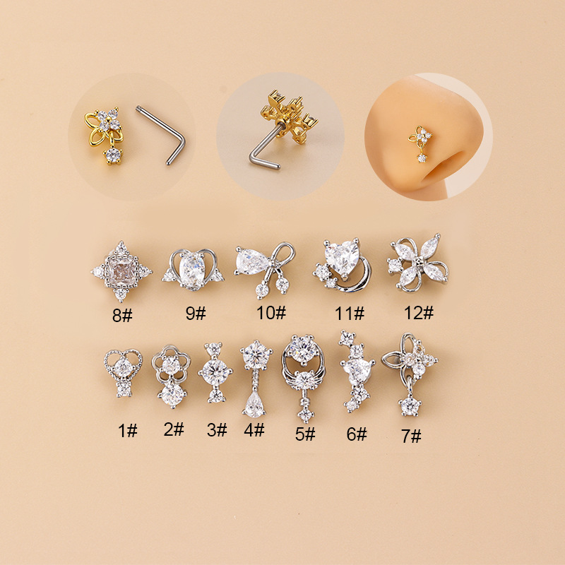 20G L字型キュービックジルコニアノーズスタッド、サージカ - Body Jewelry Ear のレビューと価格