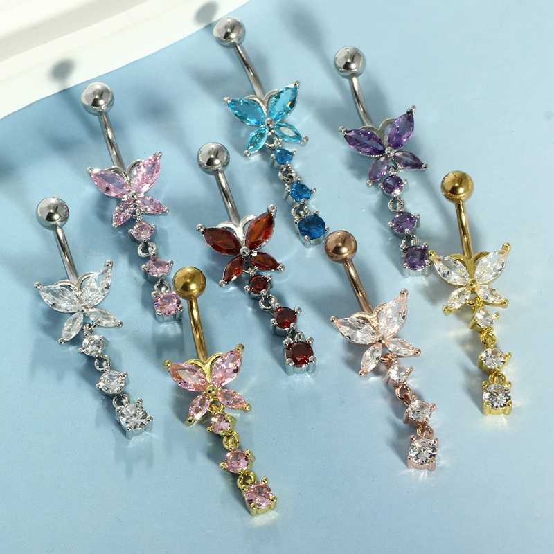 14GAゴールデンバタフライと揺れる花の316Lステンレス鋼 - Body Jewelry Belly Button Rings のレビューと価格