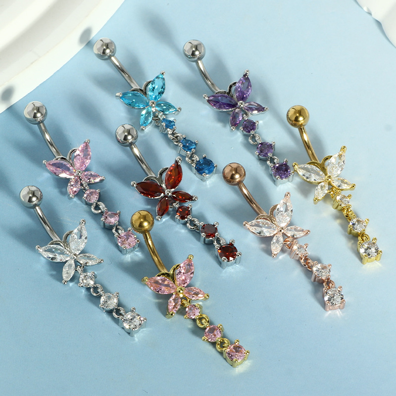 14GAゴールデンバタフライと揺れる花の316Lステンレス鋼 - Body Jewelry Belly Button Rings のレビューと価格