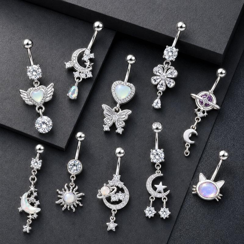 カラフルなY2Kステンレススチールジルコン惑星月蝶ベリーリン - Body Jewelry Belly Button Rings のレビューと価格