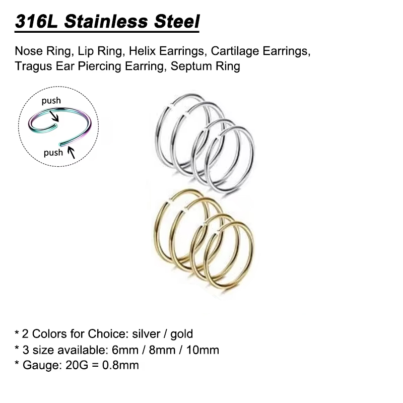 6個/ロット 低アレルギー性ノーズリングフープ 316Lサー - Body Jewelry Ear のレビューと価格