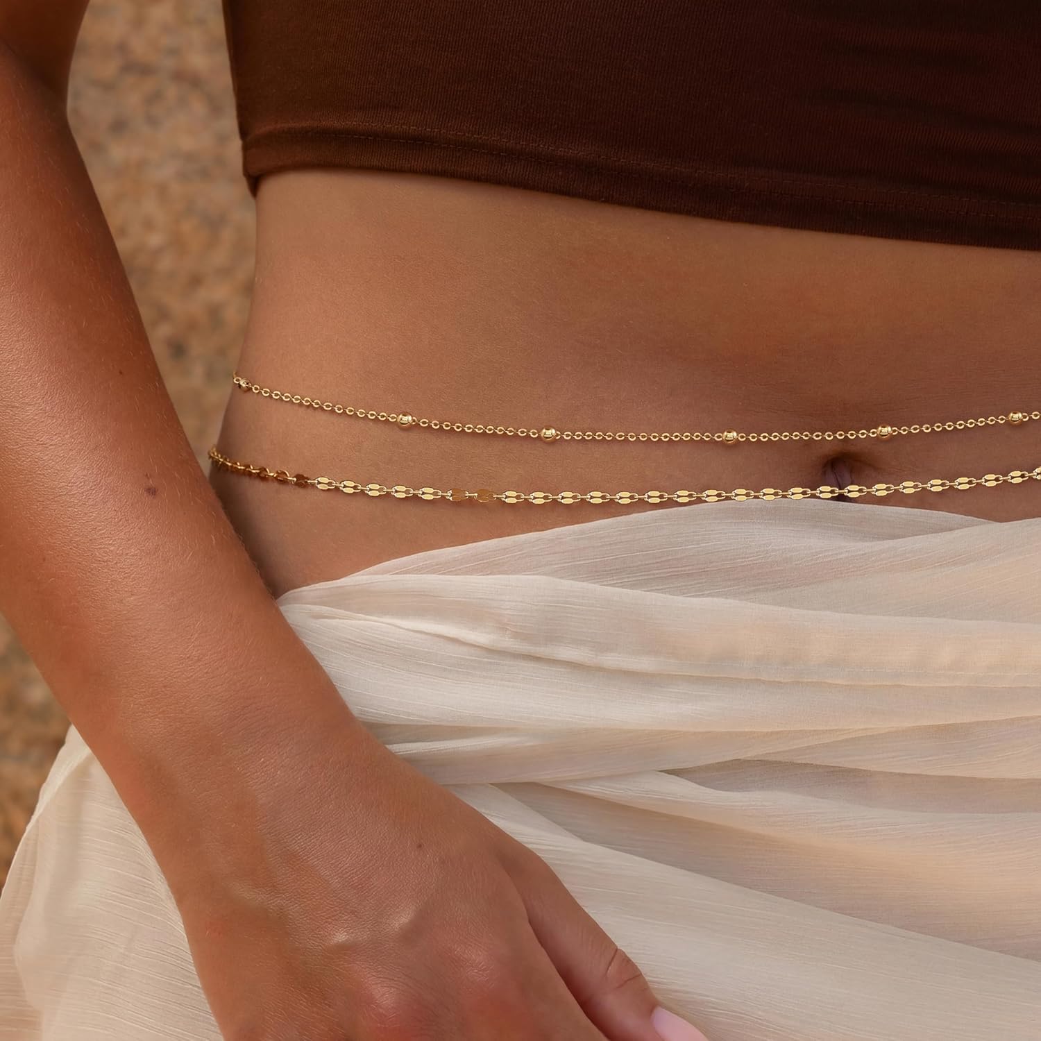 14K金メッキウエストチェーン、女性用レイヤードウエストビー - Body Jewelry Beach のレビューと価格